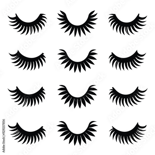 Black silhouette Eyelashes icon set with white background 