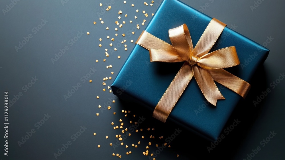 Elegant dark blue gift box adorned with a gold ribbon perfect for special occasions and celebrations Elegant dark blue gift box adorned with a gold ribbon perfect for special occasions and celebrations