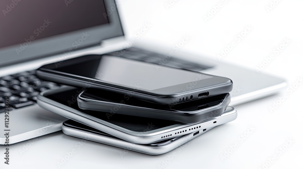 Three smartphones in a stack, including a black model and two silver versions, sit beside an open laptop on a clean white surface, highlighting sleek design and functionality Three smartphones in a stack, including a black model and two silver versions, sit beside an open laptop on a clean white surface, highlighting sleek design and functionality