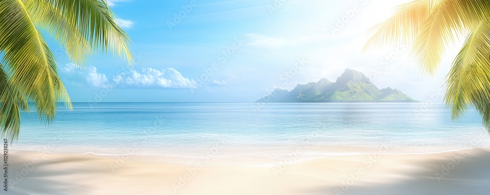 Sunny tropical beach featuring palm leaves and a distant paradise island under clear blue skies Sunny tropical beach featuring palm leaves and a distant paradise island under clear blue skies