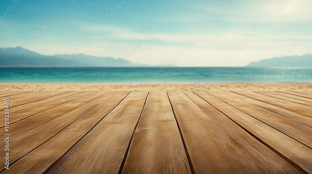 Empty wooden planks offer a serene view of the blur beach and sea under a clear sky during the golden hour Empty wooden planks offer a serene view of the blur beach and sea under a clear sky during the golden hour