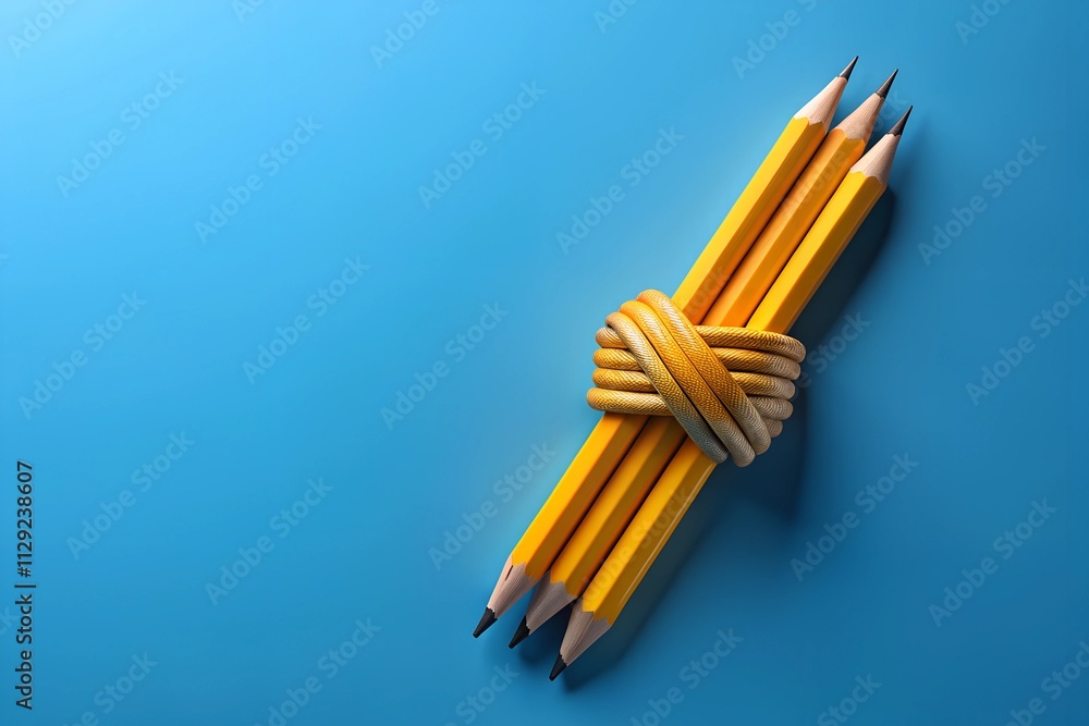 Fototapeta premium Pencil knot. A pencil tied in a knot and ordinary pencils on a blue background. Template Copy space for text. mockup. 3d render