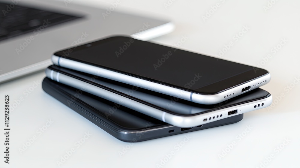 Three smartphones are neatly stacked with one black device at the bottom and two silver devices on top. An open laptop sits nearby, showcasing a clean white workspace Three smartphones are neatly stacked with one black device at the bottom and two silver devices on top. An open laptop sits nearby, showcasing a clean white workspace