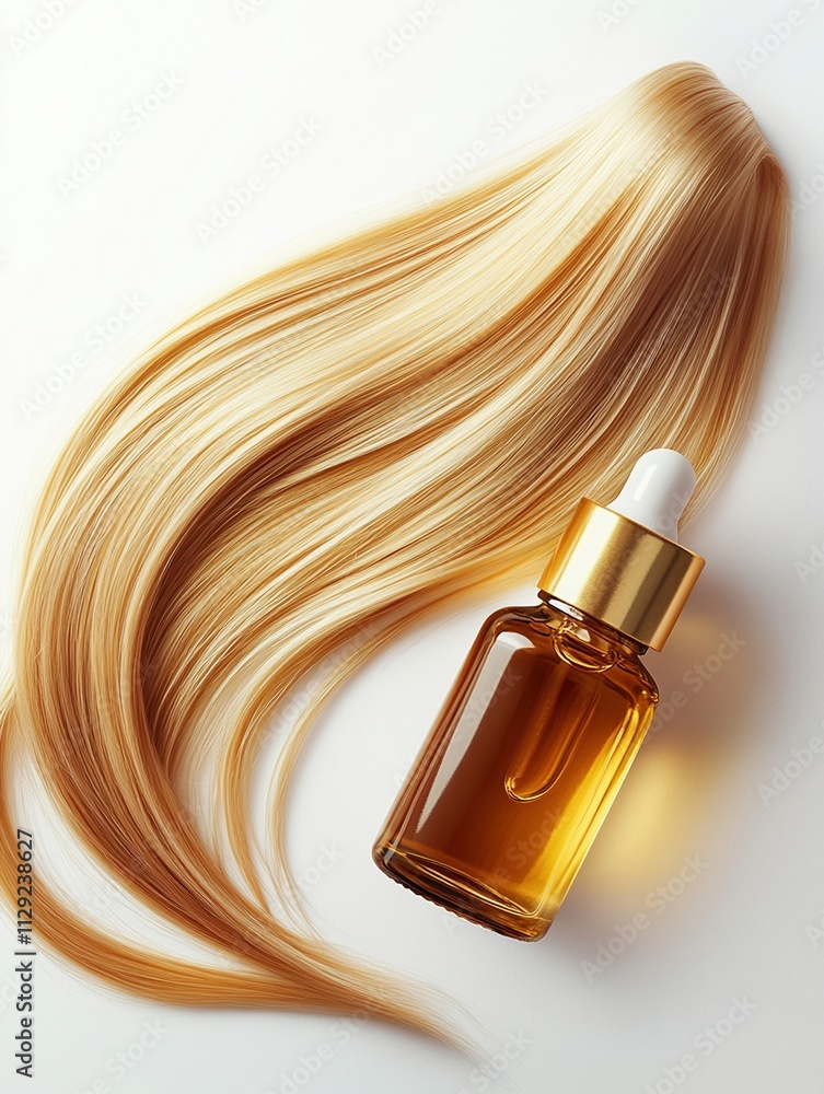 Naklejka premium Beautiful straight blond hair strand displayed artistically next to a bottle of oil on a white background