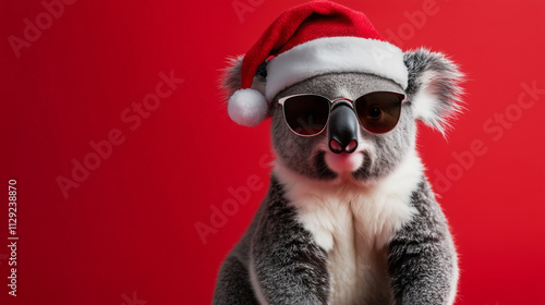 Merry Christmas concept holiday vacation winter animal pet greeting card - Cool Koala Bear with sunglasses and santa claus hat, isolated on red background