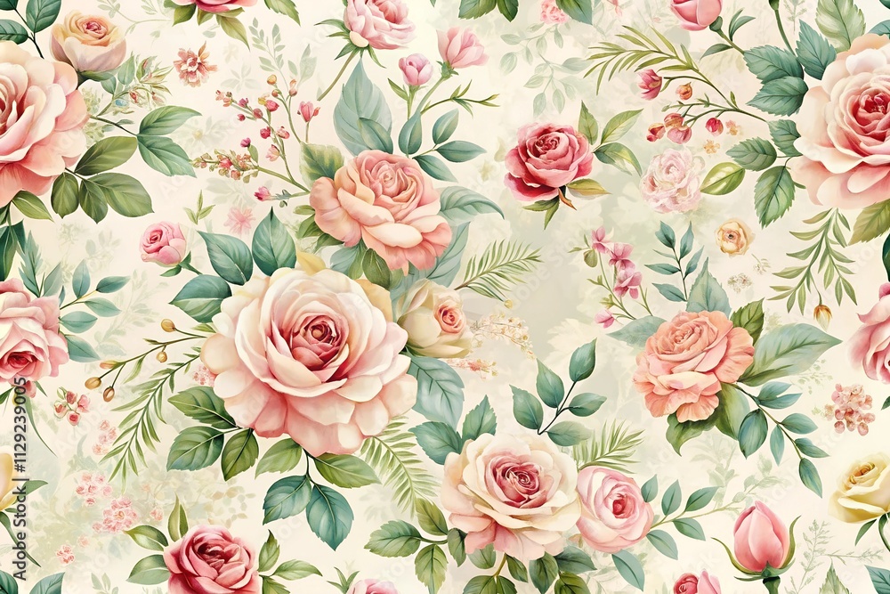 Elegant floral pattern featuring soft roses and delicate foliage on a light background Elegant floral pattern featuring soft roses and delicate foliage on a light background