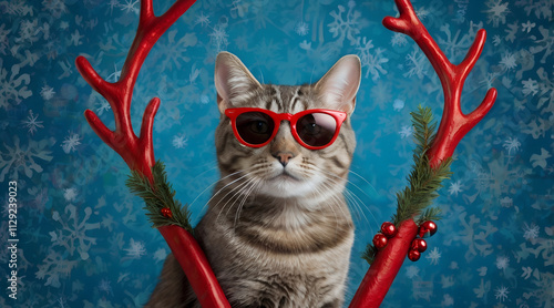 Christmas Cat with Santa Hat and Sunglasses and Festive Decorations, snow, winter, gift box on the background of a Christmas tree
