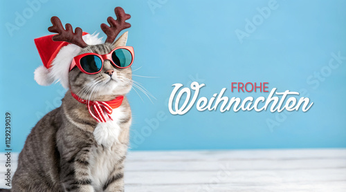Frohe Weihnachten, Holiday Cat in Santa Hat and Antlers, Mirrored Sunglasses and White Beard on Blue Background
