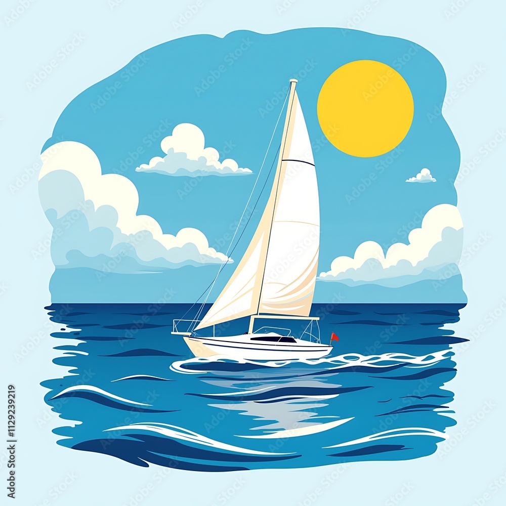 Naklejka premium Sailboat on a Calm Blue Ocean Under a Sunny Sky