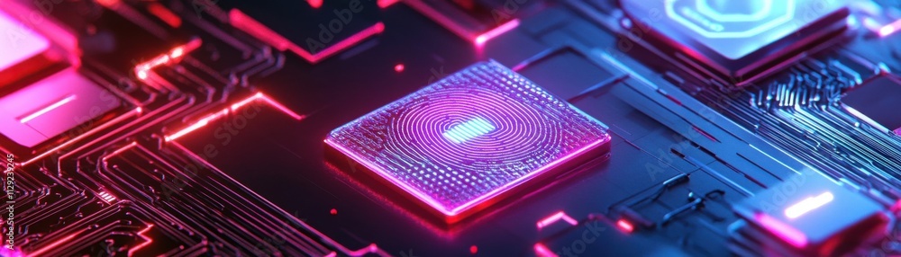 Close-up of a modern microchip on a circuit board showcasing vibrant colors. Close-up of a modern microchip on a circuit board showcasing vibrant colors.