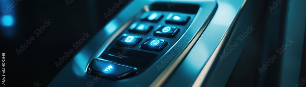 Close-up of a modern security keypad with illuminated buttons and sleek design. Close-up of a modern security keypad with illuminated buttons and sleek design.