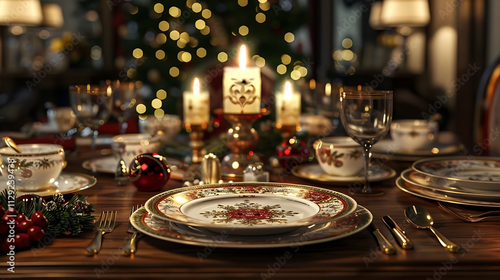 A candlelit table set for Christmas dinner, surrounded by elegant dinnerware A candlelit table set for Christmas dinner, surrounded by elegant dinnerware