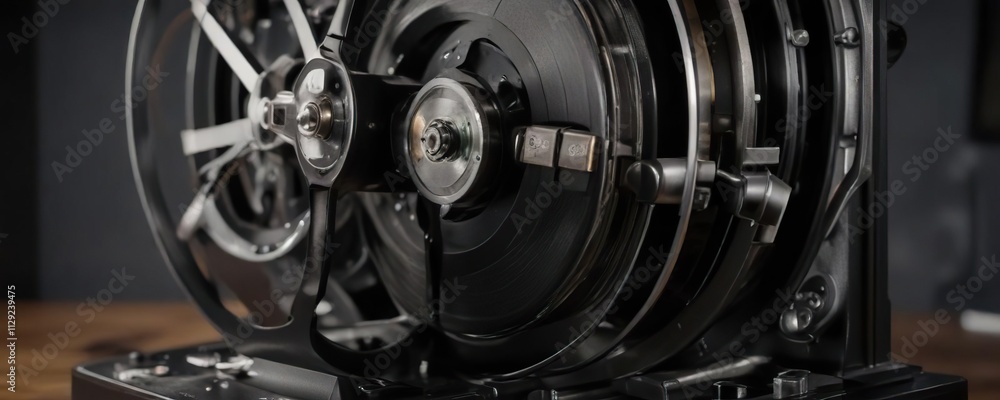 Film reel winding onto the spool of an old film projector, nostalgic photography, film reel, mechanical motion Film reel winding onto the spool of an old film projector, nostalgic photography, film reel, mechanical motion