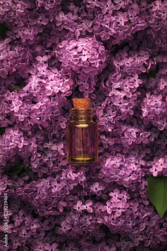 Lilac essential oil in a bottle. Selective focus. photo