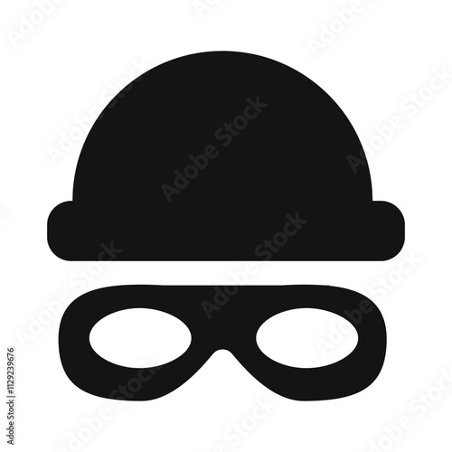 Incognito mask, villain or robber hide face element, black silhouette mystery costume with hat icon. Superhero or carnival bandit burgar 