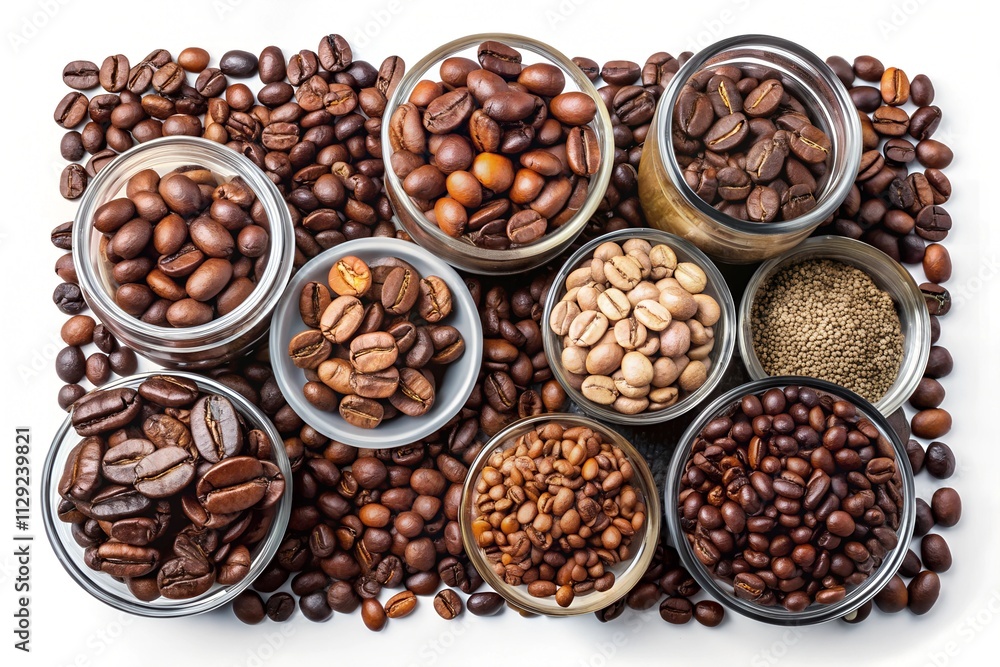 This collection of coffee beans reveals an array of shapes and sizes against a transparent background. Ideal for showcasing ingredients for coffee enthusiasts or culinary projects This collection of coffee beans reveals an array of shapes and sizes against a transparent background. Ideal for showcasing ingredients for coffee enthusiasts or culinary projects