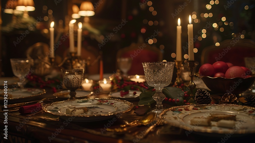 A candlelit table set for Christmas dinner, surrounded by elegant dinnerware A candlelit table set for Christmas dinner, surrounded by elegant dinnerware