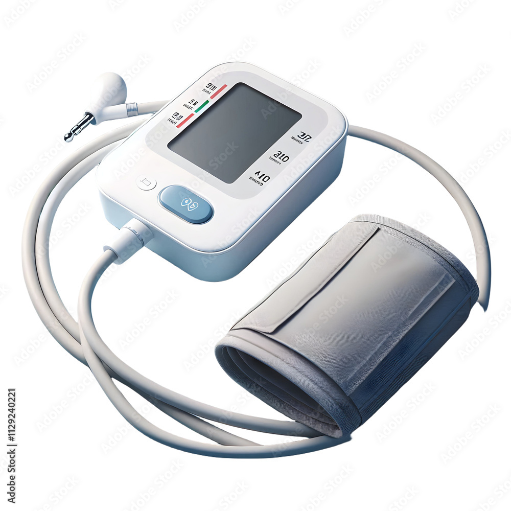 The image shows a white digital blood pressure monitor with a black screen, a white cuff, and a white tube connecting the two. The image shows a white digital blood pressure monitor with a black screen, a white cuff, and a white tube connecting the two.