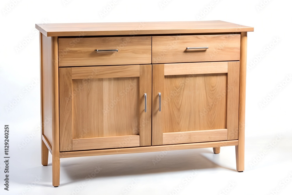 A wooden commode featuring two spacious drawers and an enclosed cabinet stands alone against a white backdrop, showcasing its clean lines and natural finish A wooden commode featuring two spacious drawers and an enclosed cabinet stands alone against a white backdrop, showcasing its clean lines and natural finish