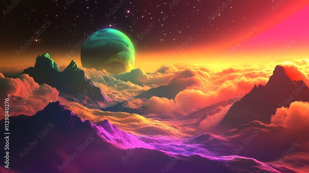 Surreal Alien Planet Landscape: Vibrant Mountains and Celestial Body Surreal Alien Planet Landscape: Vibrant Mountains and Celestial Body