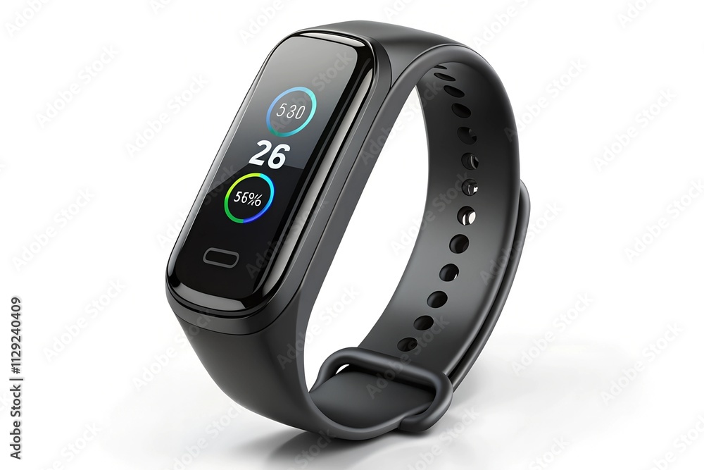 Smart fitness tracker with sleek design and touch screen display on white background Smart fitness tracker with sleek design and touch screen display on white background