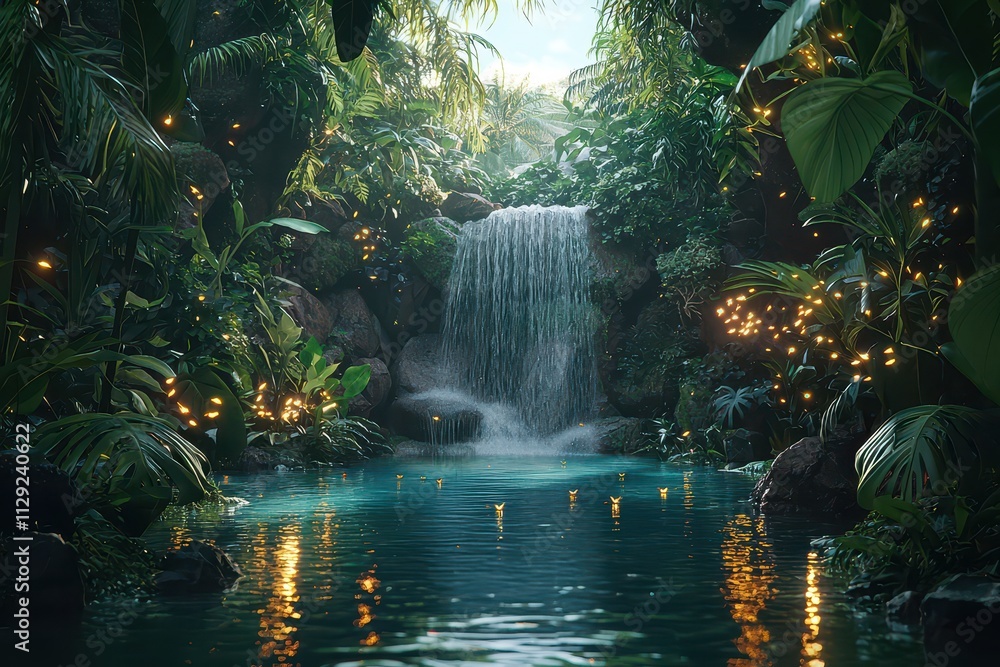 A serene jungle oasis featuring a cascading waterfall surrounded by lush greenery and glowing lights reflecting in a tranquil pool. A serene jungle oasis featuring a cascading waterfall surrounded by lush greenery and glowing lights reflecting in a tranquil pool.
