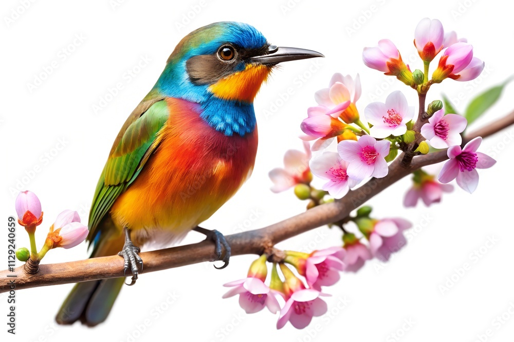 Fototapeta premium Colorful bird perched on branch with flowers on white background