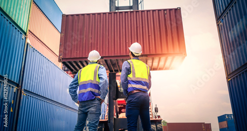Two Engineer or foreman wears PPE checking container storage with cargo container background at sunset. Logistics global import or export shipping industrial concept.
