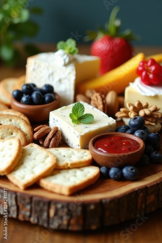 Beautifully Arranged Charcuterie Board with Assorted Cheeses and Fruits