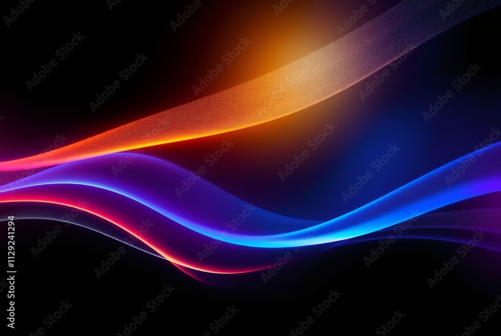 Naklejka premium Abstract Flow: A mesmerizing digital art piece featuring a dynamic interplay of vibrant, translucent waves in shades of electric blue, fiery orange, and crimson.