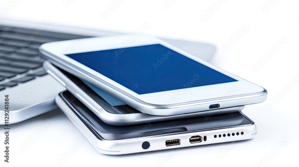 Three smartphones are stacked neatly, with a black device at the bottom and two silver ones on top, positioned next to an open laptop against a white background Three smartphones are stacked neatly, with a black device at the bottom and two silver ones on top, positioned next to an open laptop against a white background