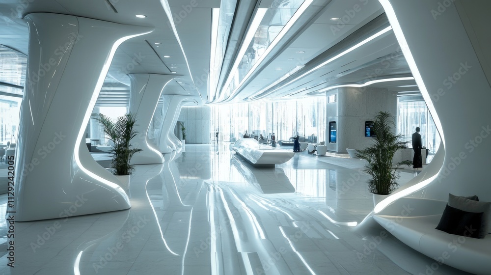 Modern lobby with sleek design, bright lighting, and minimalist furnishings. Modern lobby with sleek design, bright lighting, and minimalist furnishings.
