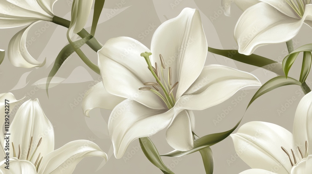 Obraz premium A floral pattern featuring elegant white lilies on a soft background.