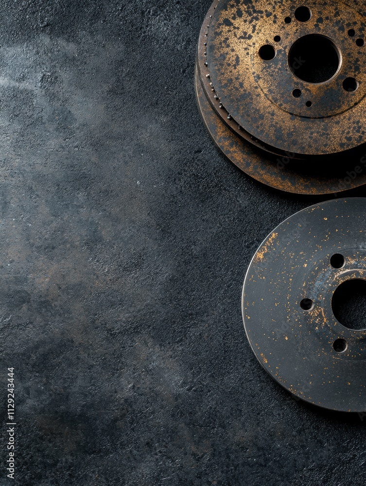 Brake pads and rusty discs are positioned on a dark textured surface, providing a clean area for additional text or product descriptions. Generative AI Brake pads and rusty discs are positioned on a dark textured surface, providing a clean area for additional text or product descriptions. Generative AI