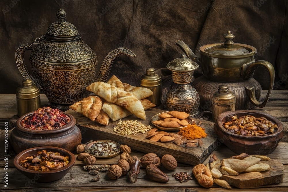 Still life of exotic spices, nuts, pastries, and antique teapots on rustic wooden table. Still life of exotic spices, nuts, pastries, and antique teapots on rustic wooden table.