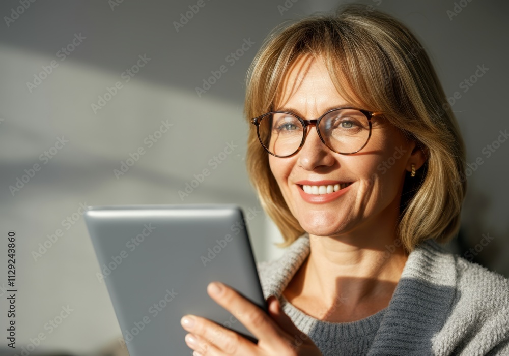 Happy businesswoman wearing eyeglasses using digital tablet, working remotely in modern office with sunlight Happy businesswoman wearing eyeglasses using digital tablet, working remotely in modern office with sunlight