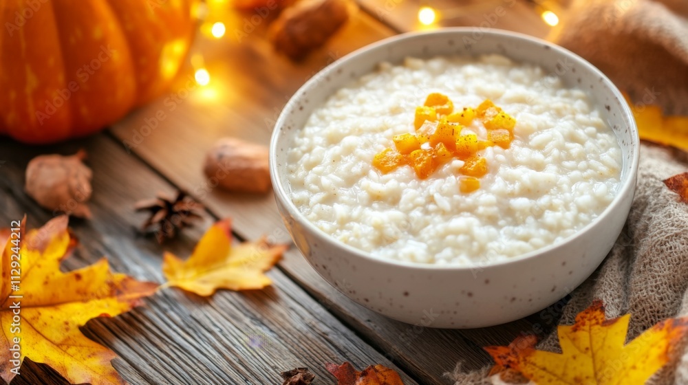 Warm Creamy Porridge with Pumpkin and Fall Leaves on Wooden Table Warm Creamy Porridge with Pumpkin and Fall Leaves on Wooden Table