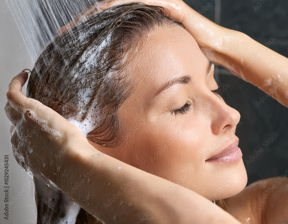 Naklejka premium Mycie włosów szamponem pod prysznicem