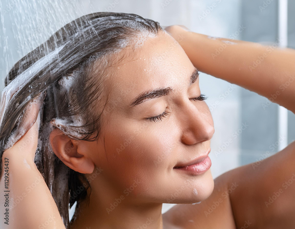 Naklejka premium Kobieta myje włosy szamponem pod prysznicem