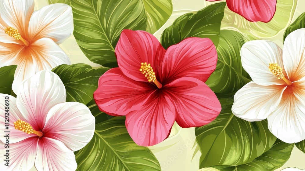 A vibrant floral pattern featuring hibiscus flowers and lush green leaves. A vibrant floral pattern featuring hibiscus flowers and lush green leaves.