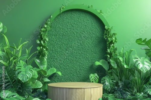 Green nature background with wooden podium and tropical plants for product display. photo