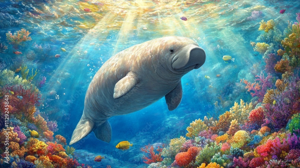 Fototapeta premium Majestic Manatee Swimming through Vibrant Coral Reef Landscape