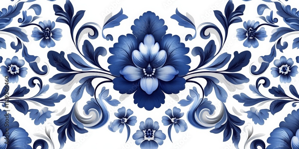 Blue and white floral Baroque-style pattern with intricate design Blue and white floral Baroque-style pattern with intricate design