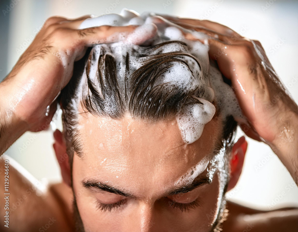 Obraz premium Mężczyzna pod prysznicem myje włosy szamponem przeciwłupieżowym