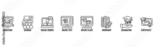 Online training banner web icon vector illustration concept with icon of education, seminar, online course, online test, online class, workshop, graduation, certification