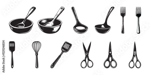 Kitchenware utensils vector pack - spatula, scissors, forks, whisks, spoons, forks