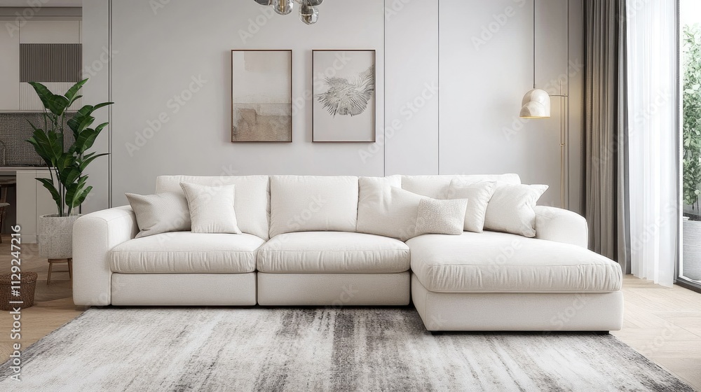 Minimalist living room with sectional sofa and area rug Minimalist living room with sectional sofa and area rug