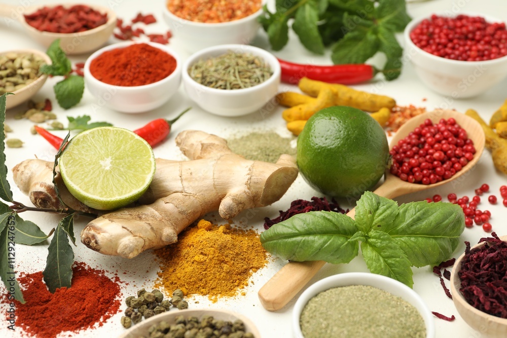 Different aromatic spices, lime and herbs on white background, closeup Different aromatic spices, lime and herbs on white background, closeup