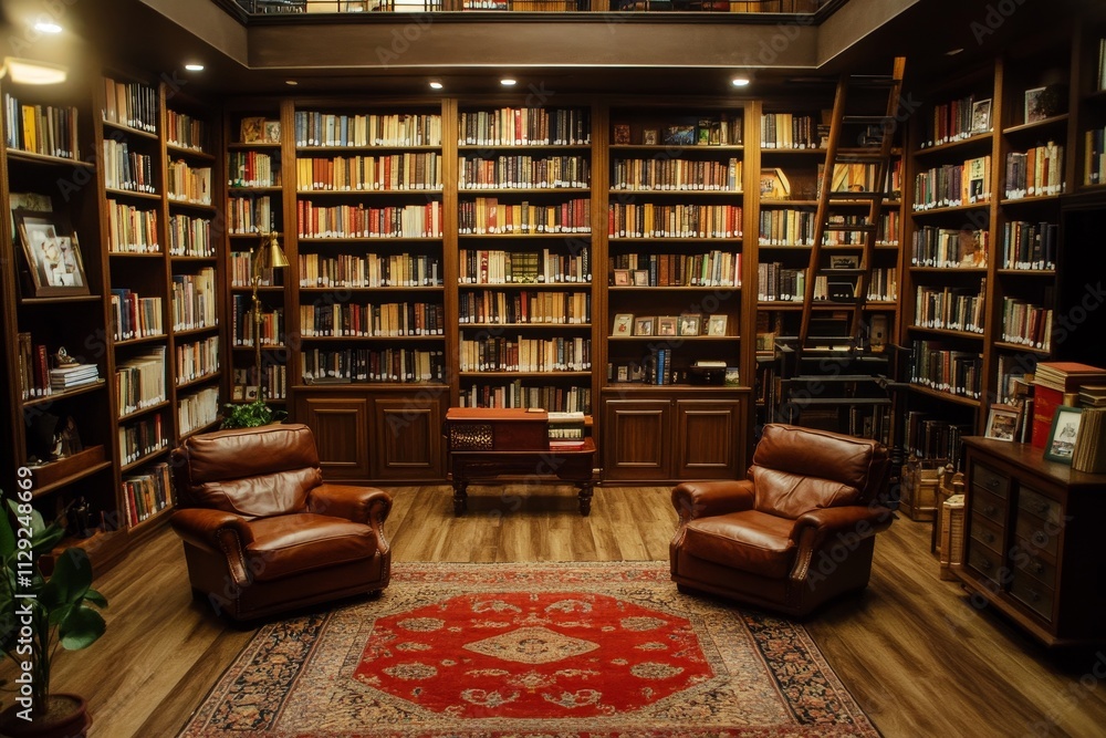 Luxurious home library with leather armchairs, wooden bookshelves filled with books, and an oriental rug. Luxurious home library with leather armchairs, wooden bookshelves filled with books, and an oriental rug.