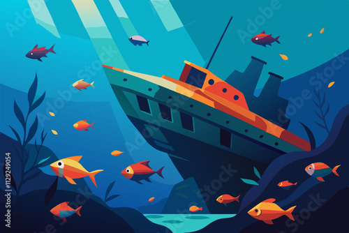 Sunken ship surrounded by colorful fish underwater
